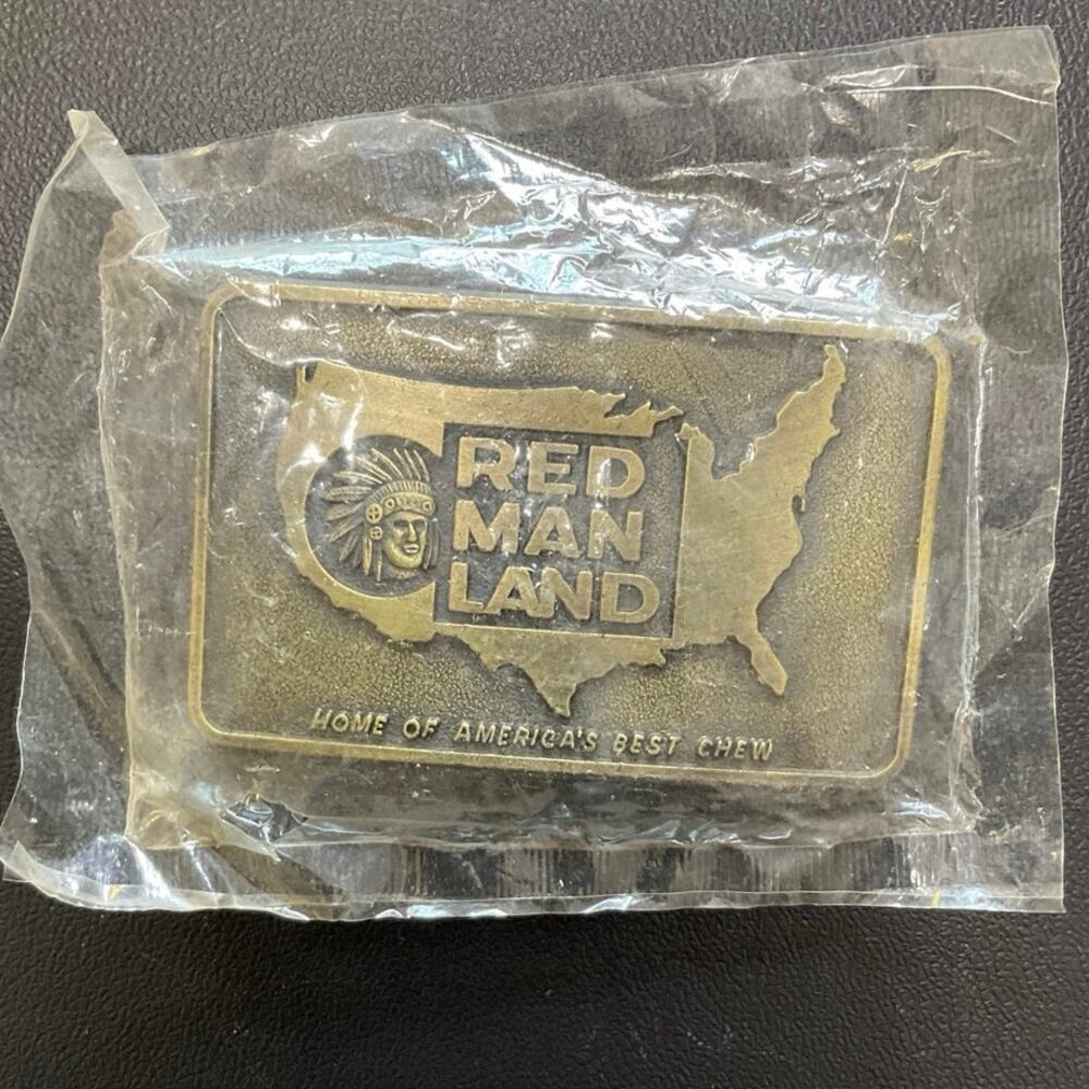 Vintage Red Man Land Brass Tone Belt Buckle Tobacco Americana USA Chew